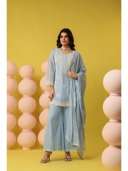 Scakhi - Powder Blue Mulmul Chikankari Embroidery Kurti with Palazzo and Dupatta