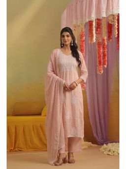 Scakhi - Pink Mulmul Chikankari Embroidery Straight Kurta with Pant and Dupatta