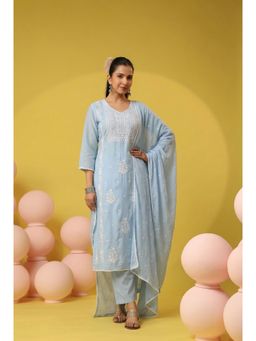 Scakhi - Powder Blue Mulmul Chikankari Embroidery Straight Kurta with Pant and Dupatta