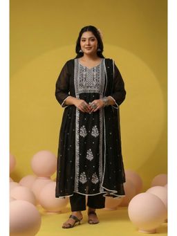 Scakhi - Black Mulmul Chikankari Embroidery with Sequin Kurta with Pant and Dupatta