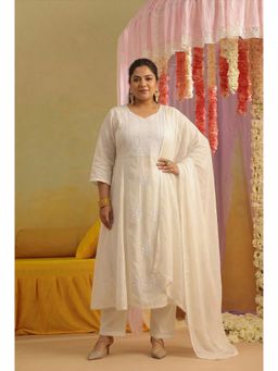 Scakhi - Off White Mulmul Chikankari Embroidery Kurta with Pant and Dupatta