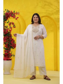 Scakhi - Mustard Embroidered Mulmul Straight Kurta with Pant and Dupatta