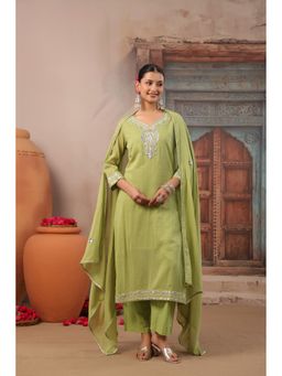 Scakhi - Parrot Green Gota Work Mulmul Straight Kurta with Pant and Dupatta