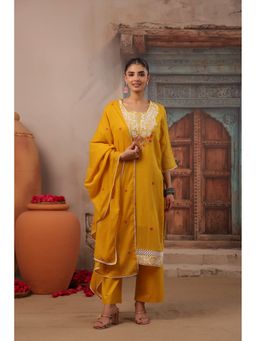 Scakhi - Mustard Embroidered Mulmul Straight Kurta with Pant and Dupatta