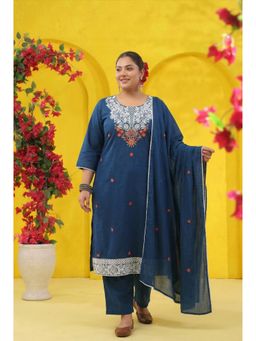 Scakhi - Teal Embroidered Mulmul Straight Kurta with Pant and Dupatta