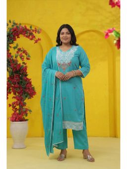 Scakhi - Turquoise Embroidered Mulmul Straight Kurta with Pant and Dupatta