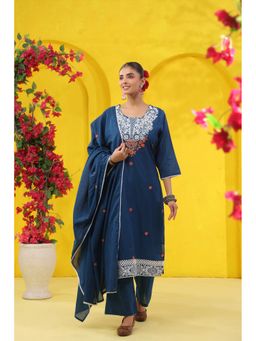 Scakhi - Teal Embroidered Mulmul Straight Kurta with Pant and Dupatta