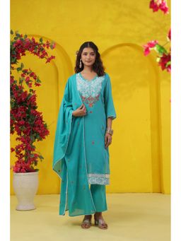 Scakhi - Turquoise Embroidered Mulmul Straight Kurta with Pant and Dupatta