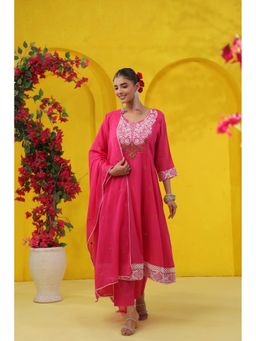 Scakhi - Pink Embroidered Mulmul Panelled Anarkali Kurta with Pant and Dupatta