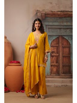 Scakhi - Mustard Embroidered Mulmul Kurti with Palazzo and Dupatta