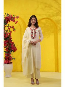 Scakhi - Butter Yellow Embroidered Straight Kurta with Pant and Dupatta