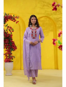Scakhi - Lavender Embroidered Straight Kurta with Pant and Dupatta