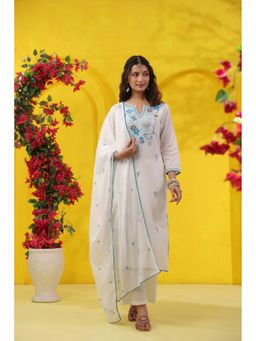 Scakhi - White Embroidered Mulmul Straight Kurta with Pant and Dupatta