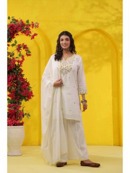 Scakhi - Mango Yellow Embroidered Mulmul Kurti with Palazzo and Dupatta
