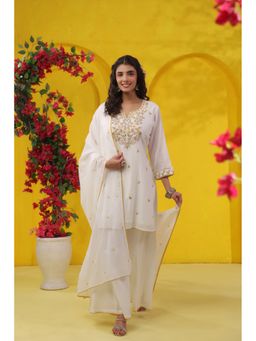 Scakhi - Mustard Embroidered Cotton Mulmul Kurti with Palazzo and Dupatta