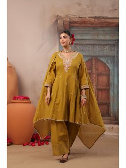 Scakhi - Mustard Embroidered Cotton Mulmul Short Anarkali Kurta with Pant and Dupatta