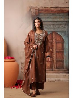 Scakhi - Chocolate Brown Embroidered Mulmul Straight Kurta with Pant and Dupatta