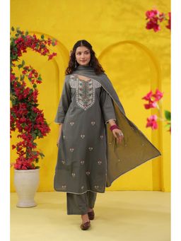 Scakhi - Sage Green Embroidered Mulmul Straight Kurta with Pant and Dupatta