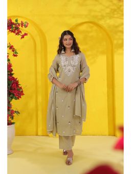 Scakhi - Beige Mirror Work Cotton Mulmul Straight Kurta with Pant and Dupatta