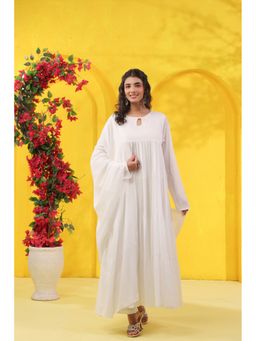Scakhi - White Khari Block Printed Cotton Anarkali Kurta with Pant and Dupatta