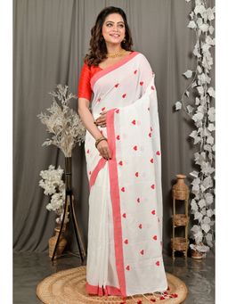DipDiya - Dhrli White Pure Cotton Embroidery Handloom Saree with Unstitched Blouse