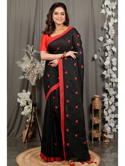 DipDiya - Dhrli Black Pure Cotton Embroidery Handloom Saree with Unstitched Blouse