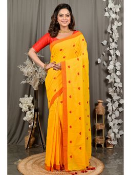 DipDiya - Dhrli Yellow Pure Cotton Embroidery Handloom Saree with Unstitched Blouse