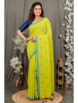 DipDiya - Dhrli Lime Green Pure Cotton Embroidery Handloom Saree with Unstitched Blouse