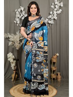 DipDiya - Dinesi Sky Blue Pure Cotton Batik Print Saree with Unstitched Blouse