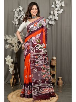 DipDiya - Dinesi Orange Pure Cotton Batik Print Saree with Unstitched Blouse