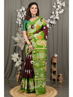 DipDiya - Dinesi Brown Pure Cotton Batik Print Saree with Unstitched Blouse