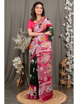 DipDiya - Dinesi Green Pure Cotton Batik Print Saree with Unstitched Blouse