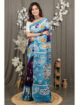 DipDiya - Dinesi Purple Pure Cotton Batik Print Saree with Unstitched Blouse