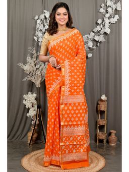 DipDiya - Orange Pure Cotton Traditional Bengali Batik Print Saree without Blouse