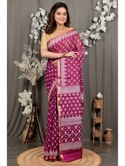 DipDiya - Purple Pure Cotton Traditional Bengali Batik Print Saree without Blouse