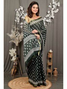 DipDiya - Dark Green Pure Cotton Traditional Bengali Batik Print Saree without Blouse