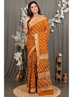 DipDiya - Brown Pure Cotton Traditional Bengali Batik Print Saree without Blouse