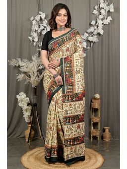 DipDiya - Off White Pure Cotton Traditional Bengali Kalamkari Printed Saree without Blouse