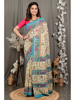 DipDiya - Off White Pure Cotton Traditional Bengali Kalamkari Printed Saree without Blouse