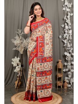 DipDiya - Off White Pure Cotton Traditional Bengali Kalamkari Printed Saree without Blouse