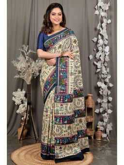 DipDiya - Off White Pure Cotton Traditional Bengali Kalamkari Printed Saree without Blouse