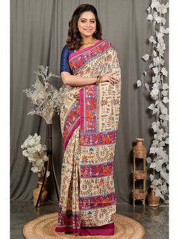 DipDiya - Off White Pure Cotton Traditional Bengali Kalamkari Printed Saree without Blouse