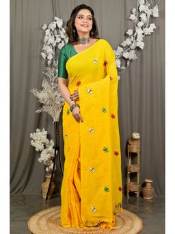 DipDiya - Yellow Blended Cotton Embroidery Handloom Saree with Unstitched Blouse