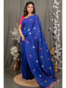DipDiya - Naby Blue Blended Cotton Embroidery Handloom Saree with Unstitched Blouse