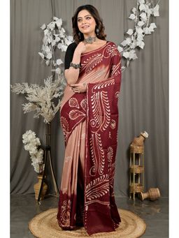 DipDiya - Brown Pure Cotton Traditional Bengali Batik Print Saree with Unstitched Blouse