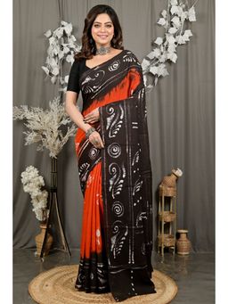 DipDiya - Dark Orange Pure Cotton Traditional Bengali Batik Print Saree with Unstitched Blouse