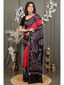 DipDiya - Maroon Pure Cotton Traditional Bengali Batik Print Saree with Unstitched Blouse