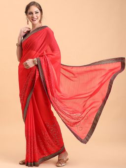 Kartika - Chiffon Red Colour Embellished Saree with Unstitched Blouse