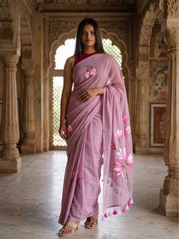 AMRUTKALA SAREES - Pink Designer Linen Floral Printed Saree with Unstitched Blouse