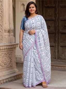 AMRUTKALA SAREES - White Designer Linen Floral Printed Saree with Unstitched Blouse